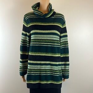 St. John Green Striped Oversized Cowl Neck Tunic Sweater